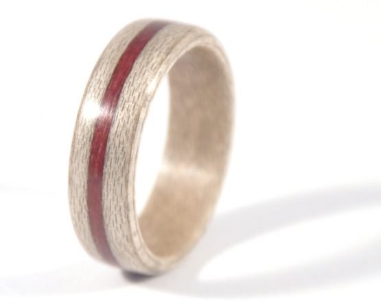Grey sycamore and puprple heartwood inlay wooden ring - left side