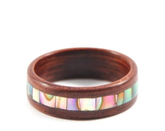Jarrah wooden ring with abalone seashell inlay - laying flat