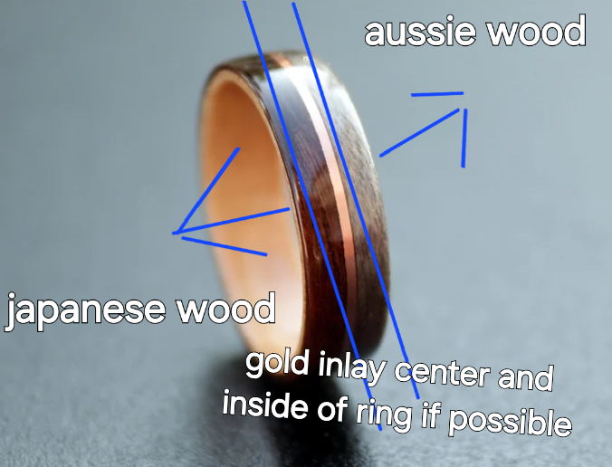 A pair of Custom gold rings with Australian Black wood and Custom wood