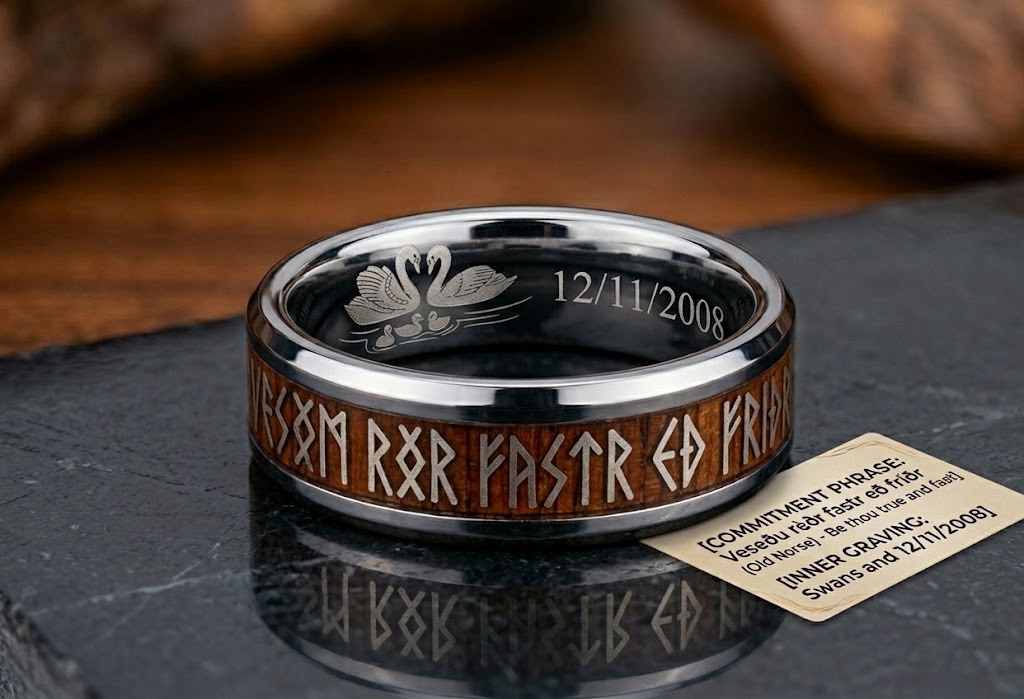 Custom Silver & Tasmanian Blackwood Wedding Ring Pair with Elder Futhark Runes